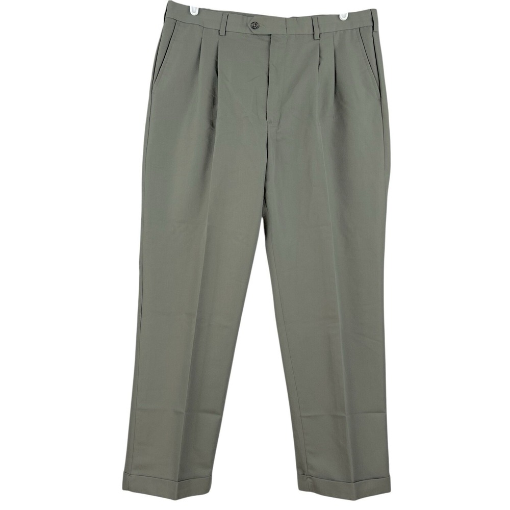 Geoffrey Beene Men's Green Pants Size 38x30 Pleated Front Cuffed Hem Mid Rise